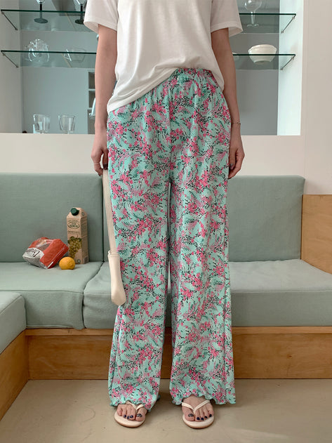 Manmo Banding Flower Pattern Pleated Long Pants