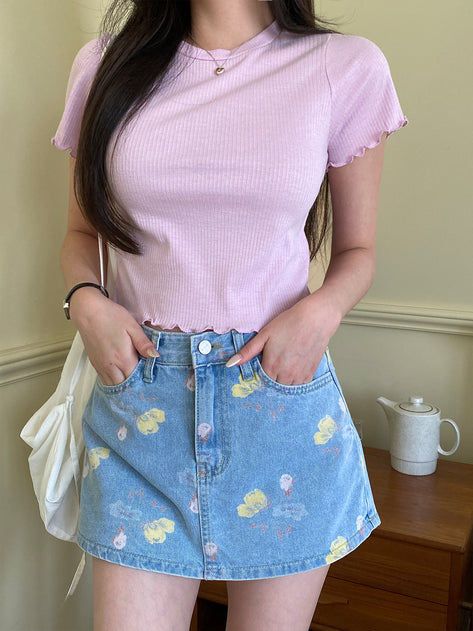 Fineton Flower Pattern Denim Mini Skirt