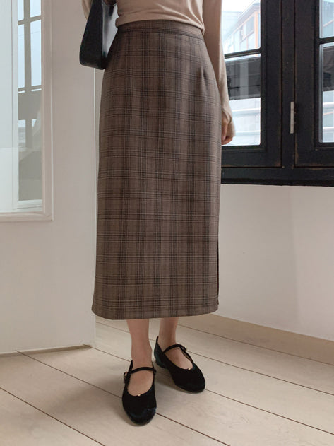 Bahony Standard Check Wool Slit Long Skirt