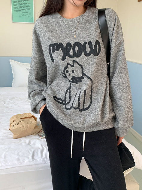 키트 줄리 라운드 넥 고양이 긴 소매 니트 맨투맨 티셔츠