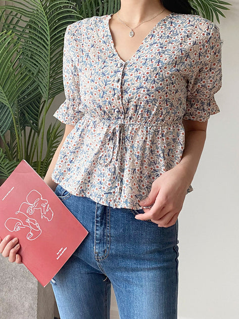 Dupont flower short sleeve blouse 