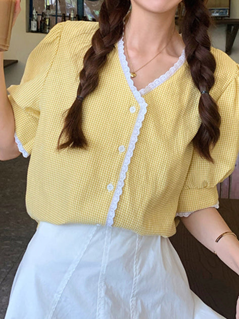 Rudy Lace Line Check Puff Blouse