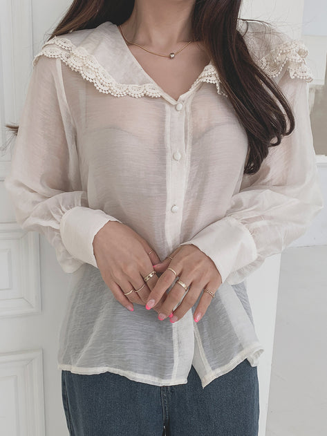 Coneba see-through lace collar blouse 