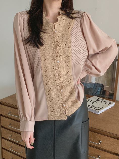 Tina Ren V Neck Puff Ruched Pearl Blouse 