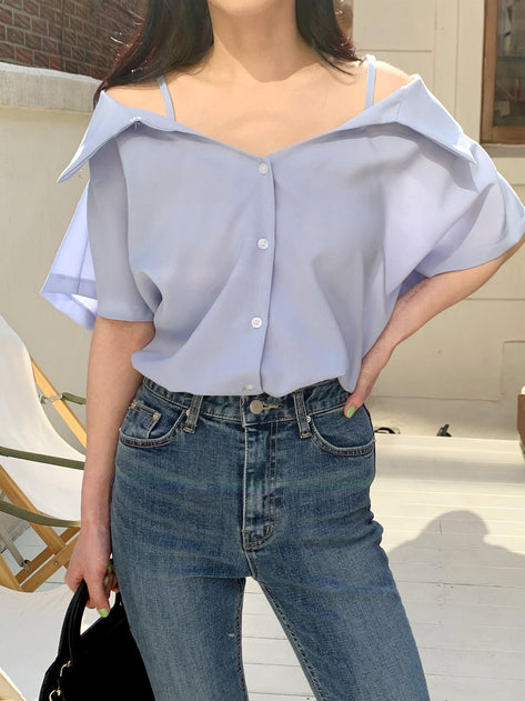 Nea -off shoulder color short sleeve blouse
