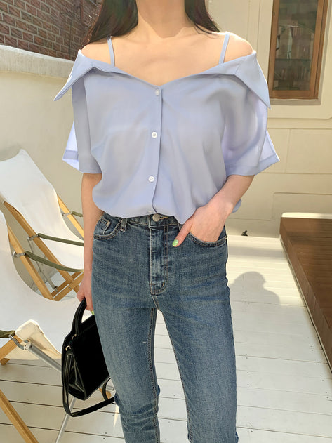 Nea -off shoulder color short sleeve blouse