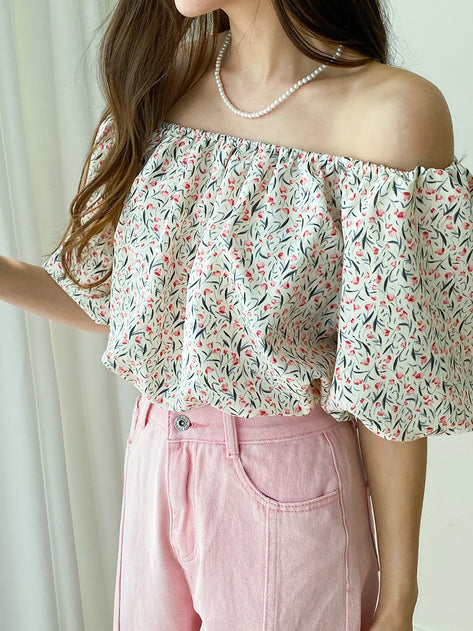 Goming Flower Pattern Puff Sleeve Off Ward Blouse