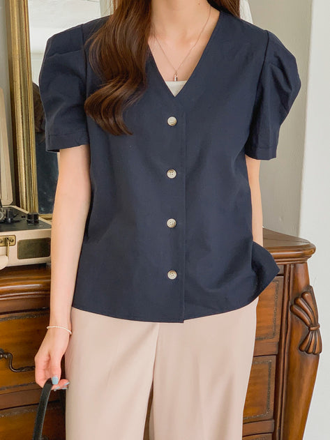 Moruit V neck linen button short sleeve blouse