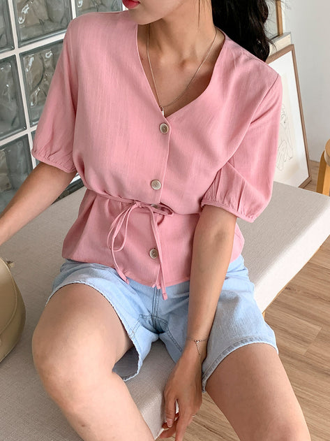 Lagien Linen V neck button short sleeve blouse