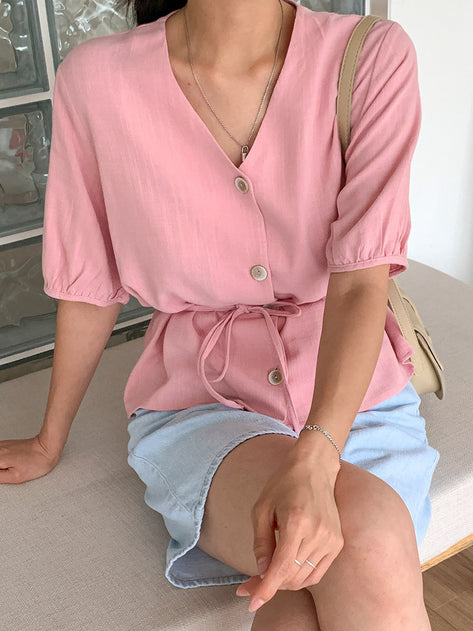 Lagien Linen V neck button short sleeve blouse