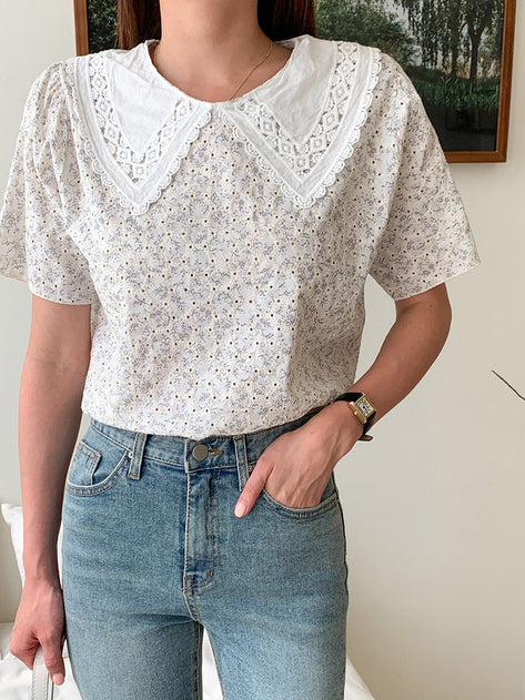 Fanil color embroidery punching pattern short sleeve blouse