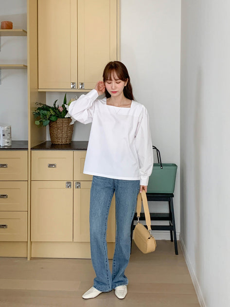 Relfone square neck puff long sleeve blouse 
