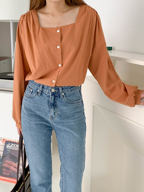 Torsi Loose Fit Square Neck Puff Long Sleeve Blouse 