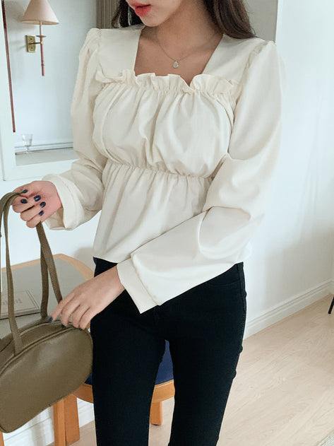 Thalidu Square Neck Ruched Puff Long Sleeve Blouse 