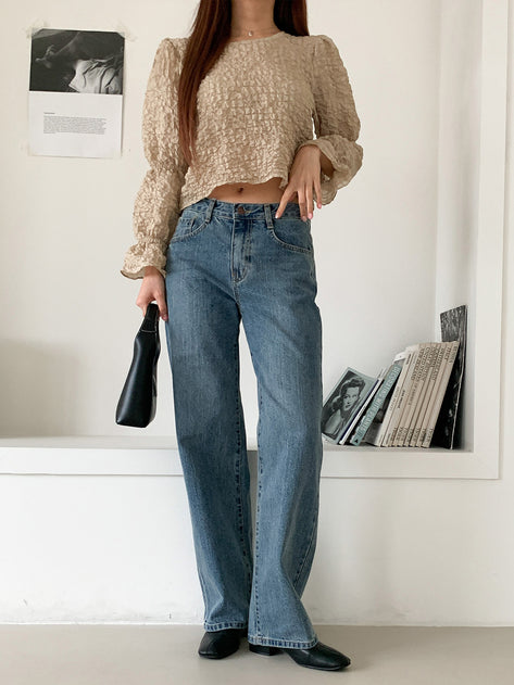 Retile round pleated long sleeve blouse 