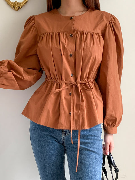 Keraming Puff Ruched Button Long Sleeve Blouse 