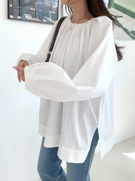Lapel Bag Open Loose Fit Ruched Long Sleeve Blouse 