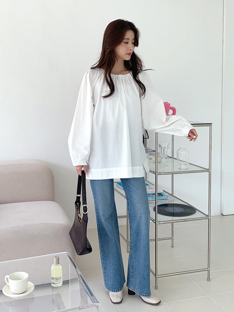 Lapel Bag Open Loose Fit Ruched Long Sleeve Blouse 