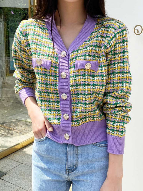 Tweed color combination knit cardigan 