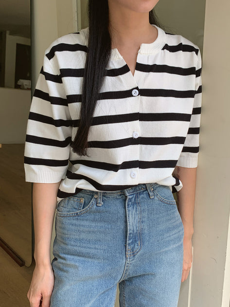 Allory stripe semi-open short-sleeved cardigan 