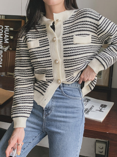 Shina Stripe Pearl Knit Cardigan 