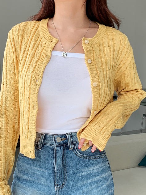 Decoding Round Neck Cable Crop Long Sleeve Cardigan 