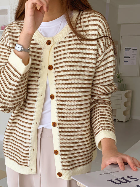 Moira Loose Fit Color Stripe Button Long Sleeve Cardigan 