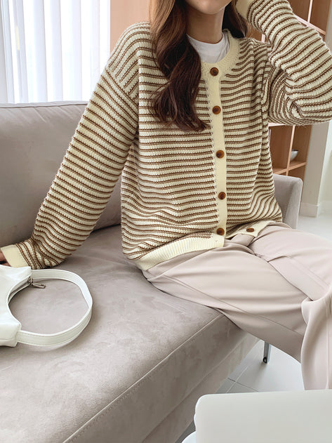 Moira Loose Fit Color Stripe Button Long Sleeve Cardigan 