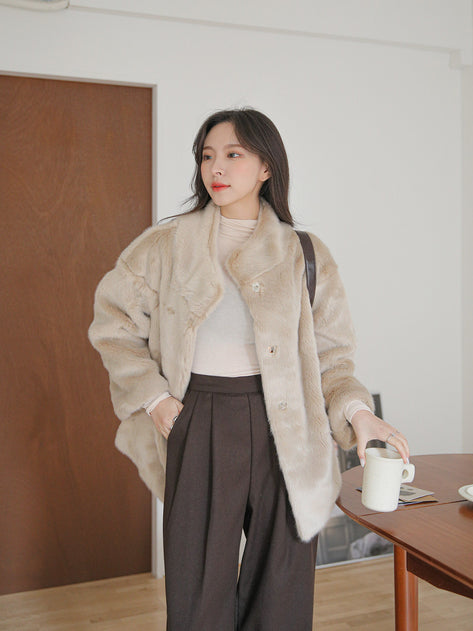 Ribbed High Neck Faux Fur Jacket 