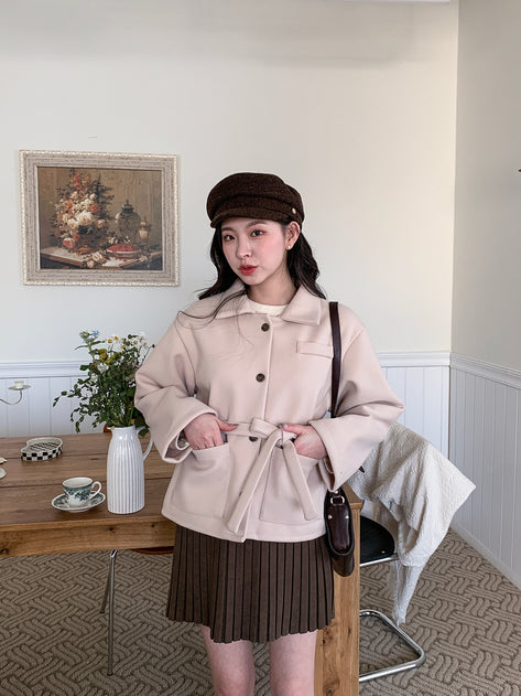 Jibun Rell Wool Belt Color Pocket Long Sleeve Short Coat