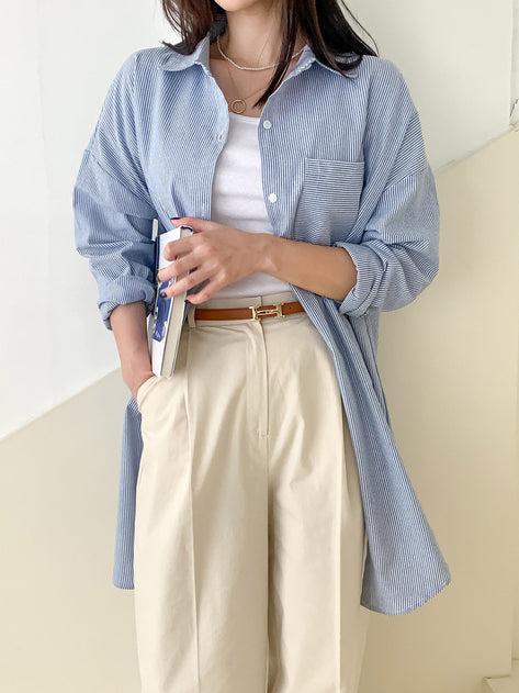 Podling Boxy Collar Stripe Pocket Long Sleeve Shirt 