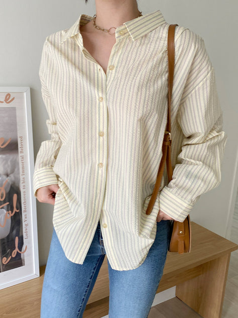 Line Loose Slit Unbalanced Stripe Long Sleeve Shirt 