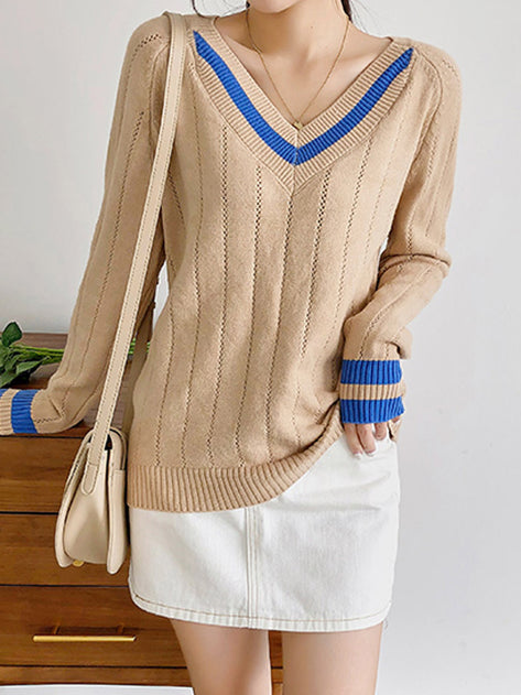 Squash V neck color combination knit