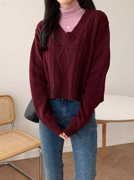 Branie Loose Wool Cable V Knit 