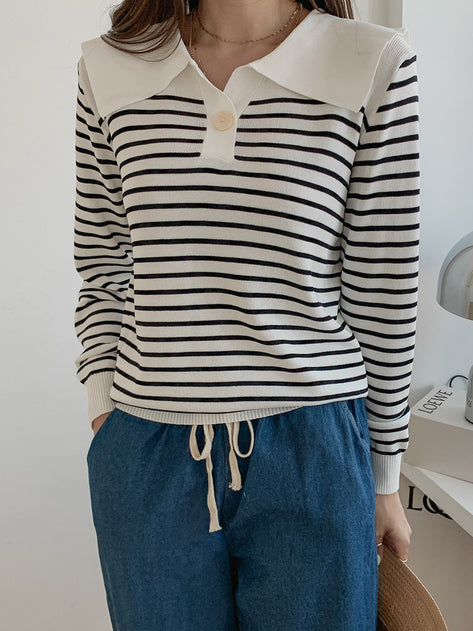 Acour Square Collar Stripe Long Sleeve Knit