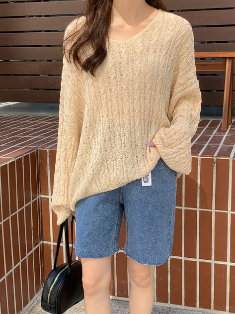Nusani Loose Fit V Neck Cable Long Sleeve Knit 