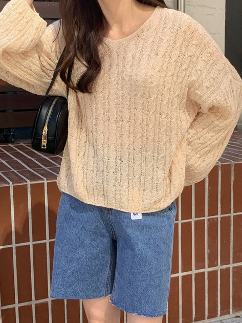 Nusani Loose Fit V Neck Cable Long Sleeve Knit 