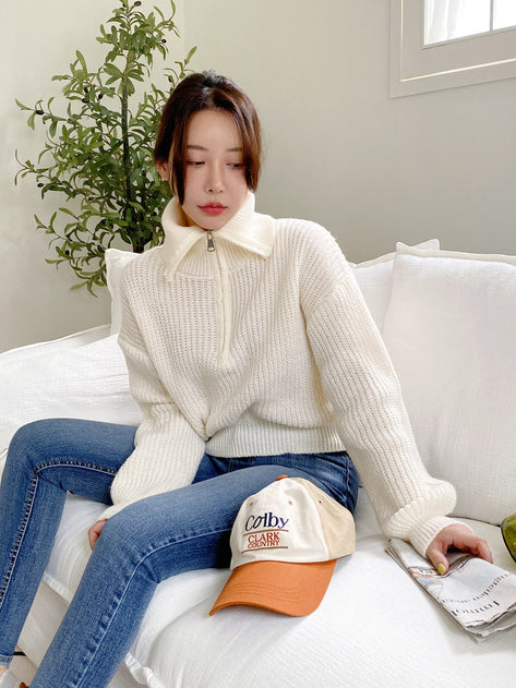 Berry and Boxy Daily Half Zip Up Collar Knit