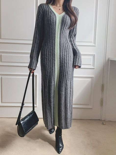 Togeny Cache color combination rib knit long dress 