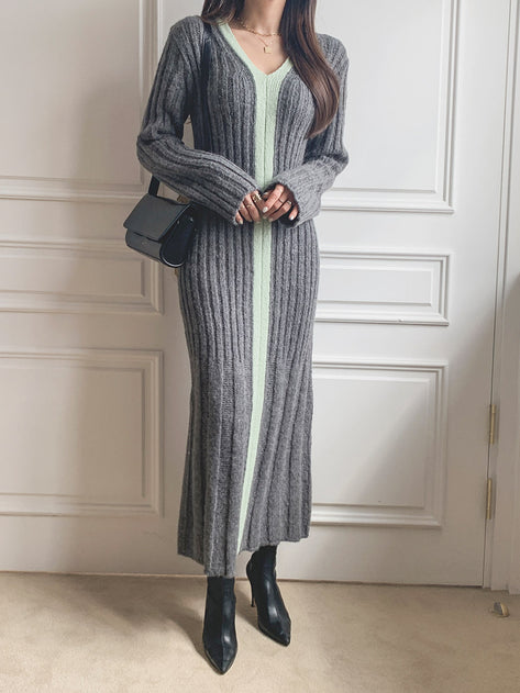 Togeny Cache color combination rib knit long dress 