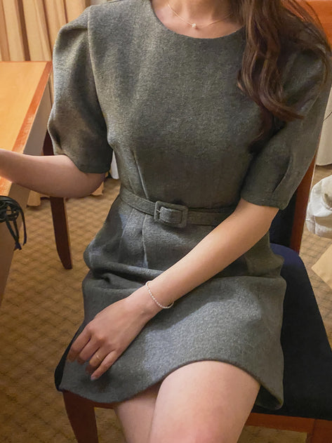 Ridaron Short Sleeve Puff Belt Mini Dress 