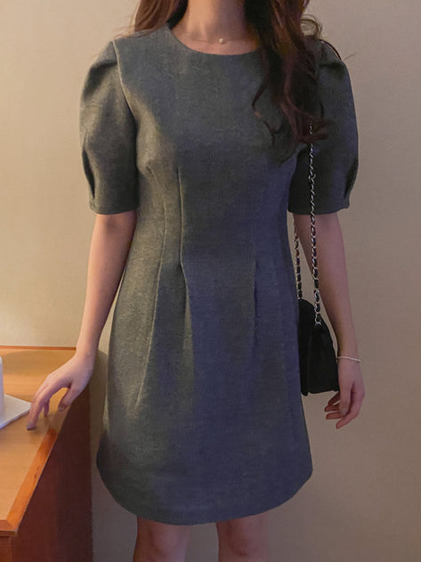 Ridaron Short Sleeve Puff Belt Mini Dress 