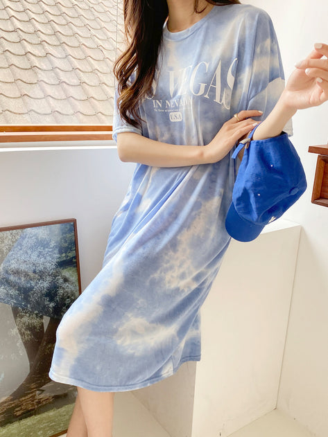 Managered Fit water printing Short Sleeve Long Dress