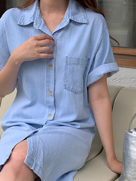 Migate Washing Denim Collar Short Sleeve Mini Dress 