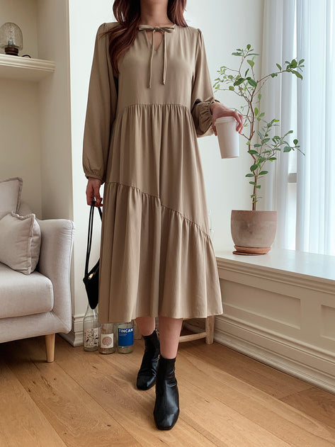 Body All Strap Ruched Tiered Long Sleeve Long Dress 