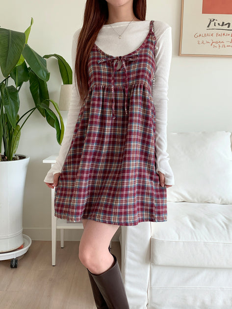 Log Ruby Check Shirring Strap Mini Sleeveless Dress