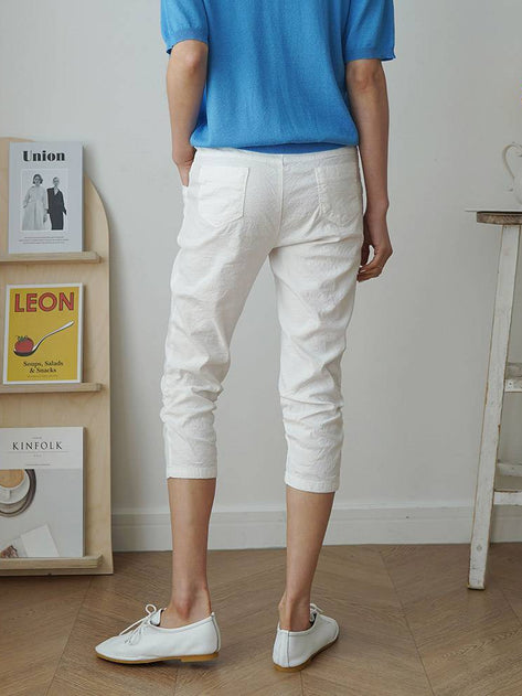 PT4821K04-Forsharing 3/4 length linen banding pants 
