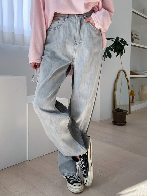 Metafu color combination gray straight denim pants 