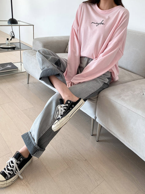 Metafu color combination gray straight denim pants 