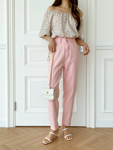 Houpent High waist Two -button Slit Buggy Denim Pants